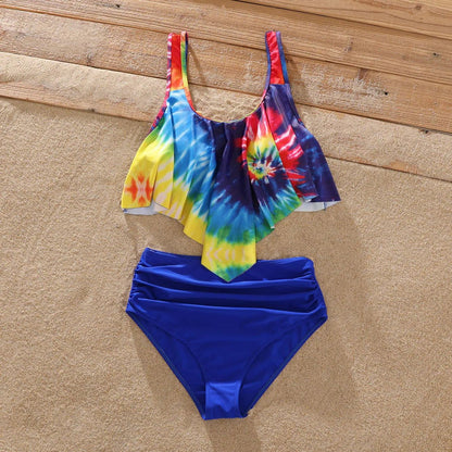 Matching Family Swimsuits Tie-Dye Flounced Off Shoulder Blue Colored Bathing Suits - ChildAngle