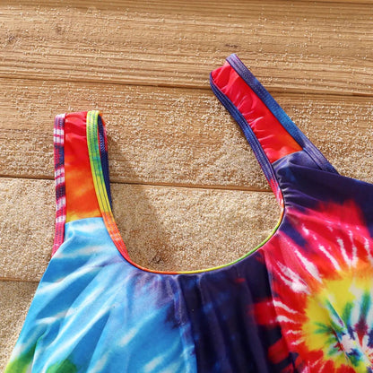 Matching Family Swimsuits Tie-Dye Flounced Off Shoulder Blue Colored Bathing Suits - ChildAngle