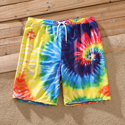 Matching Family Swimsuits Tie-Dye Flounced Off Shoulder Blue Colored Bathing Suits - ChildAngle