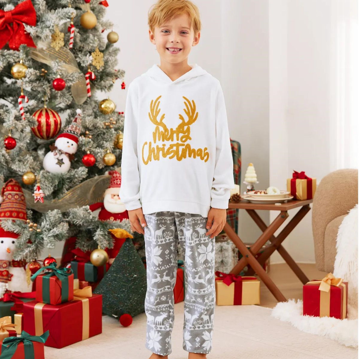 Merry Christmas Hooded Family Christmas Pajamas Reindeer Grey Pajama Pants - ChildAngle