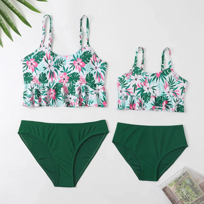 Mommy and Me Matching Swimsuit Green Floral Bikini Set Bathing Suit - ChildAngle