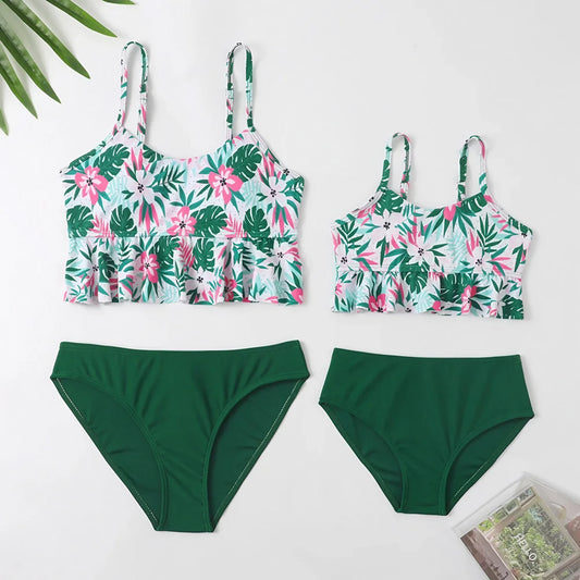 Mommy and Me Matching Swimsuit Green Floral Bikini Set Bathing Suit - ChildAngle