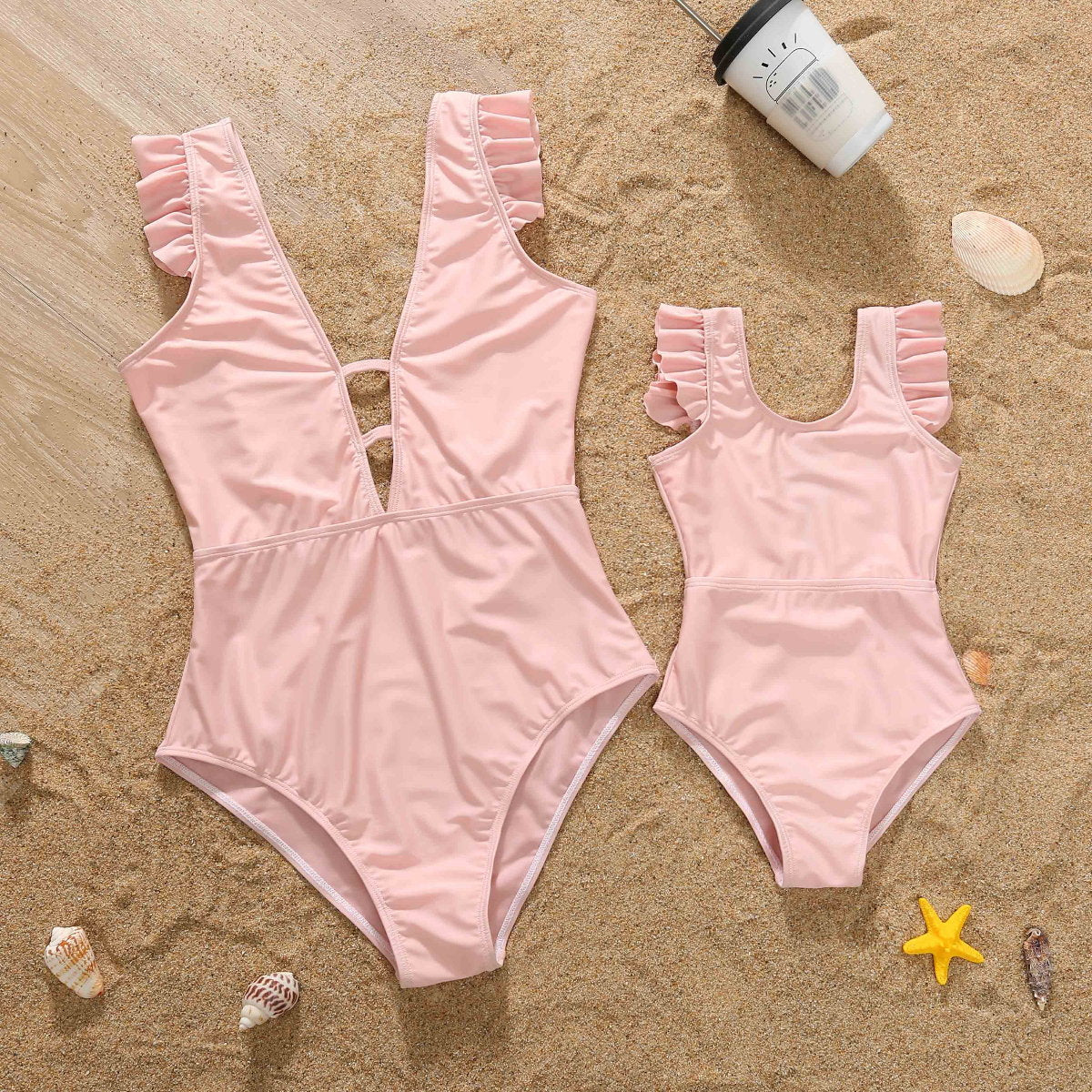 Mommy and Me Swimsuit Solid Color Mother Daughter Matching One Piece Swimwear - ChildAngle