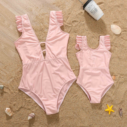 Mommy and Me Swimsuit Solid Color Mother Daughter Matching One Piece Swimwear - ChildAngle