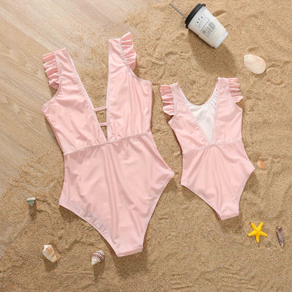 Mommy and Me Swimsuit Solid Color Mother Daughter Matching One Piece Swimwear - ChildAngle