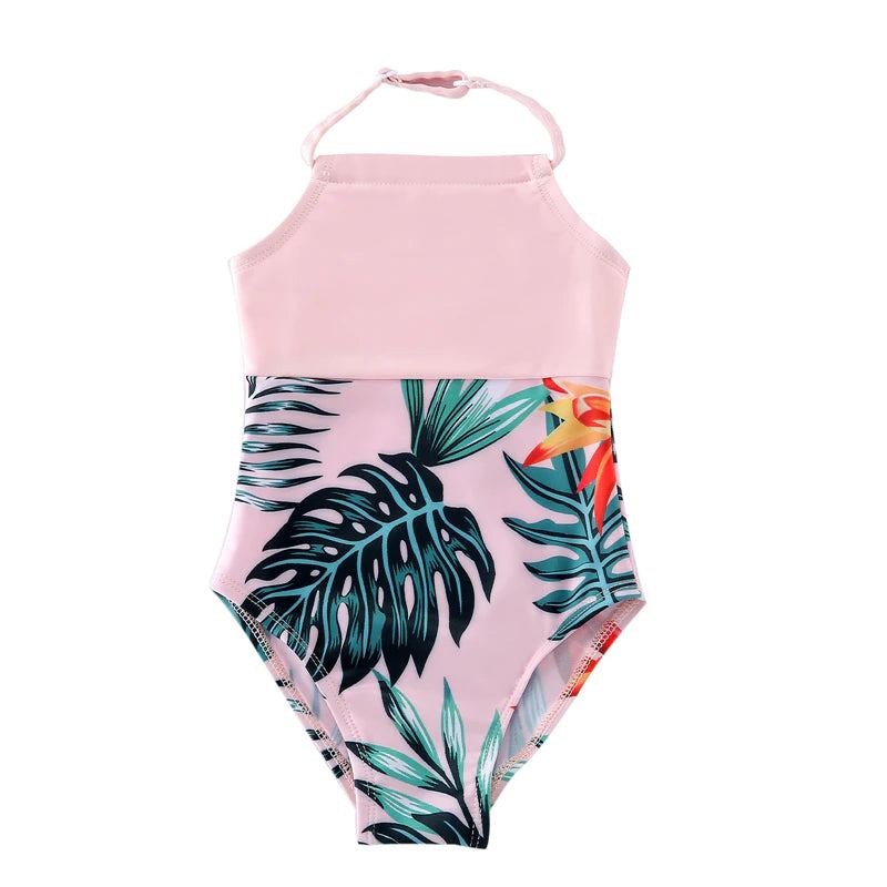 Pink swimsuit with palm leaves discount