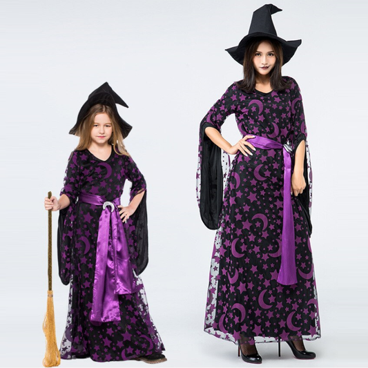 Purple Stars Moons Magic Witch Costume Kids Halloween Party - ChildAngle