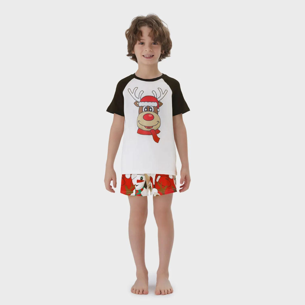 Rudolph Reindeer Hat Scarf Short Sleeve Christmas Pajamas Set Allover Santa Snowman Reindeer Print - ChildAngle