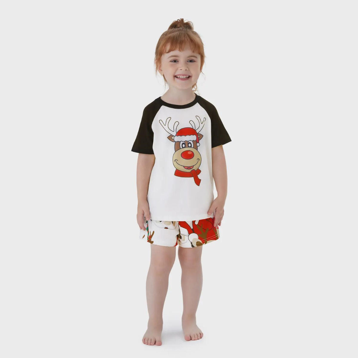 Rudolph Reindeer Hat Scarf Short Sleeve Christmas Pajamas Set Allover Santa Snowman Reindeer Print - ChildAngle