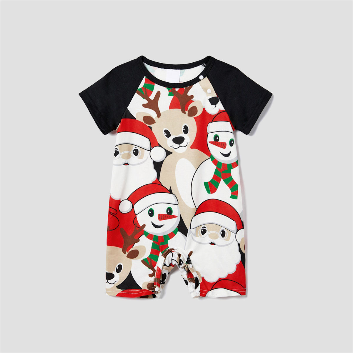 Rudolph Reindeer Hat Scarf Short Sleeve Christmas Pajamas Set Allover Santa Snowman Reindeer Print - ChildAngle