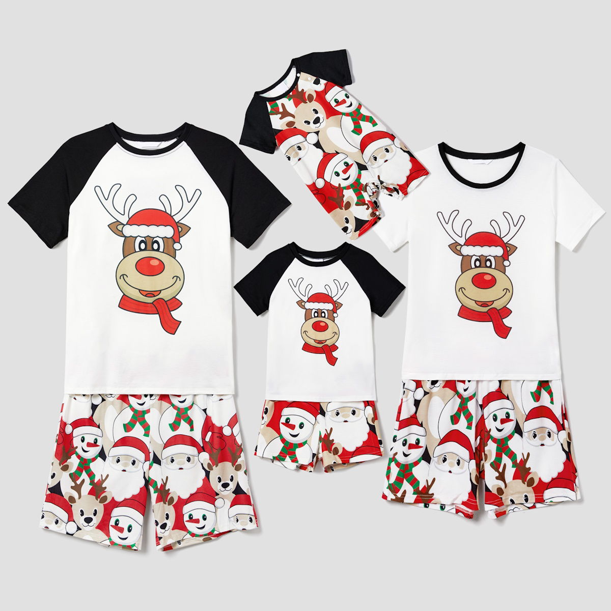 Rudolph Reindeer Hat Scarf Short Sleeve Christmas Pajamas Set Allover Santa Snowman Reindeer Print - ChildAngle