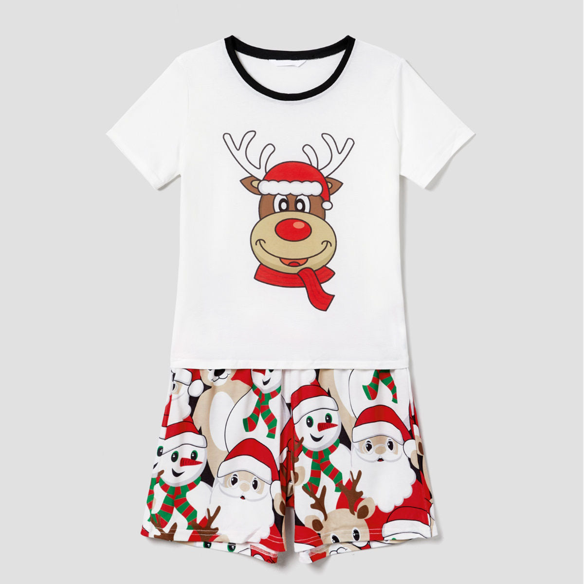 Rudolph Reindeer Hat Scarf Short Sleeve Christmas Pajamas Set Allover Santa Snowman Reindeer Print - ChildAngle