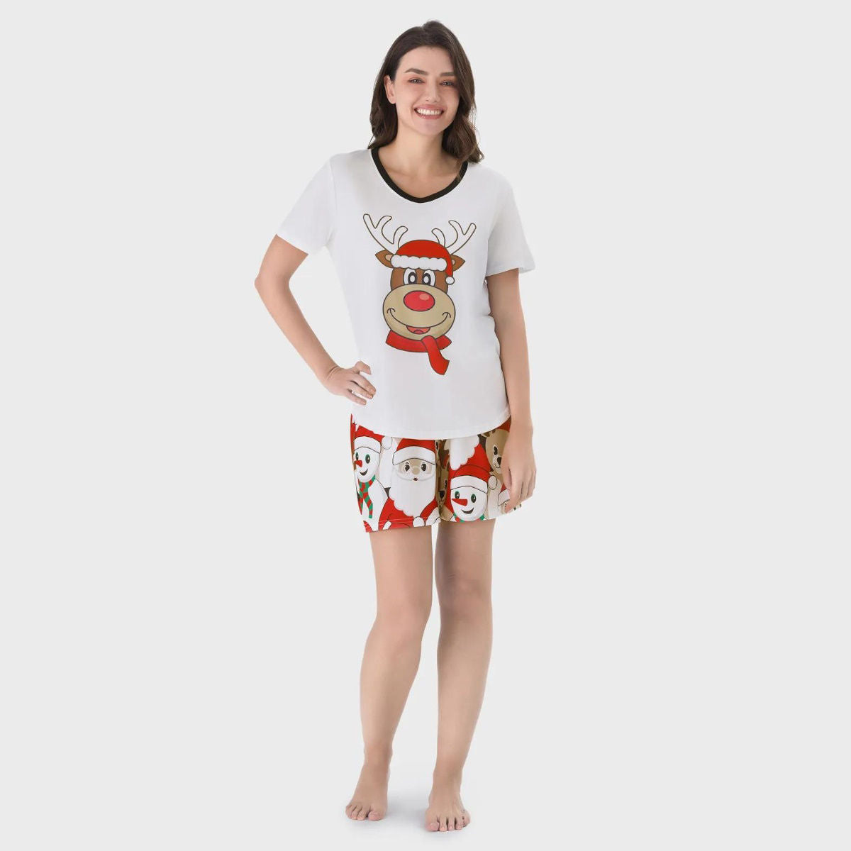 Rudolph Reindeer Hat Scarf Short Sleeve Christmas Pajamas Set Allover Santa Snowman Reindeer Print - ChildAngle