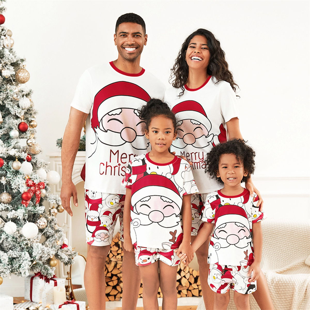 Santa Claus Merry Christmas Short Sleeve Christmas Pajama Allover Penguin and Santa Print - ChildAngle