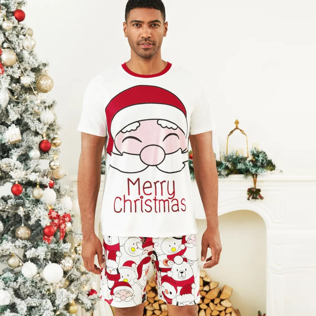 Santa Claus Merry Christmas Short Sleeve Christmas Pajama Allover Penguin and Santa Print - ChildAngle