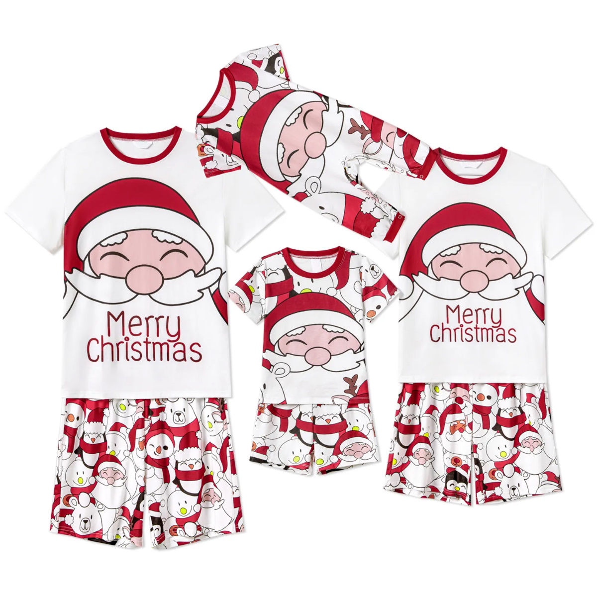 Santa Claus Merry Christmas Short Sleeve Christmas Pajama Allover Penguin and Santa Print - ChildAngle