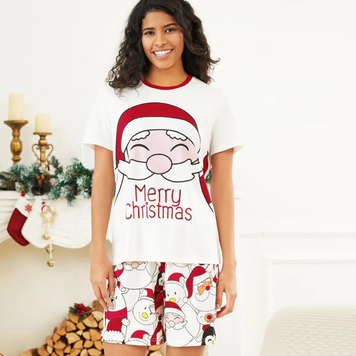 Santa Claus Merry Christmas Short Sleeve Christmas Pajama Allover Penguin and Santa Print - ChildAngle