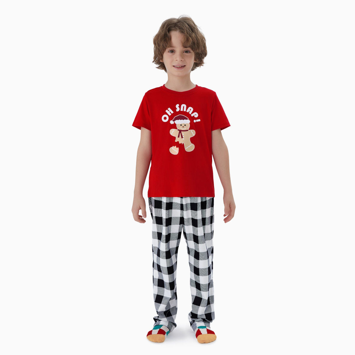 Oh Snap Gingerbread Short Sleeve Christmas Pajama Red Top Plaid Bottom Pajymas