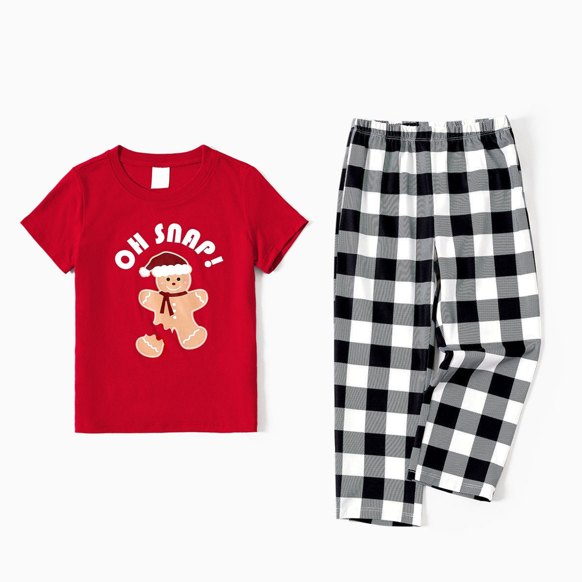 Oh Snap Gingerbread Short Sleeve Christmas Pajama Red Top Plaid Bottom Pajymas