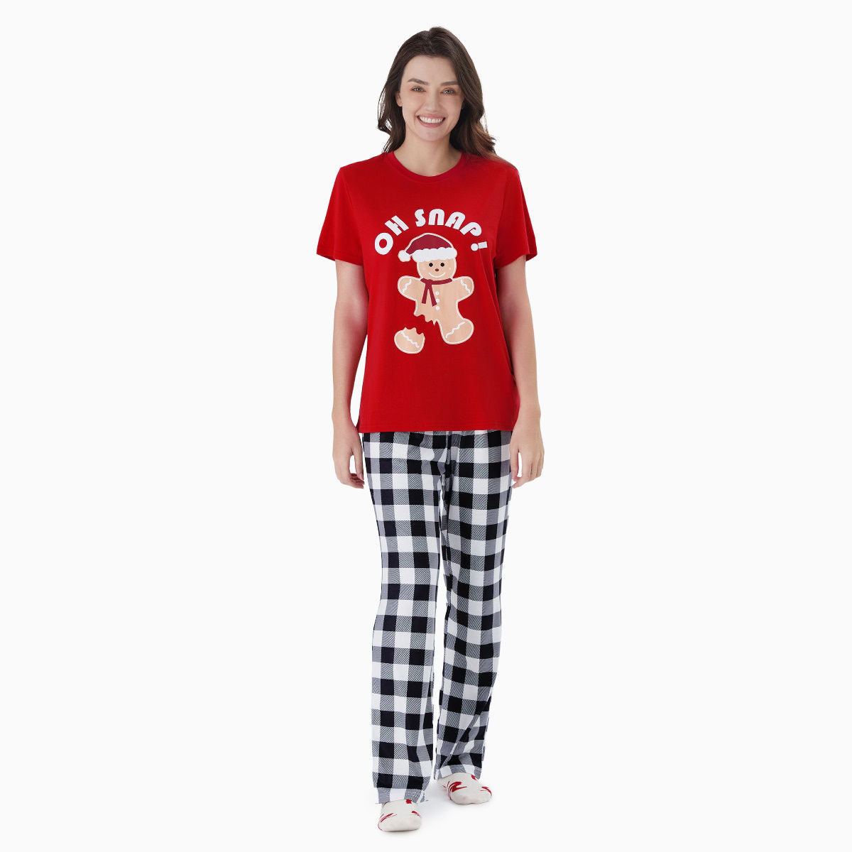 Oh Snap Gingerbread Short Sleeve Christmas Pajama Red Top Plaid Bottom Pajymas - ChildAngle