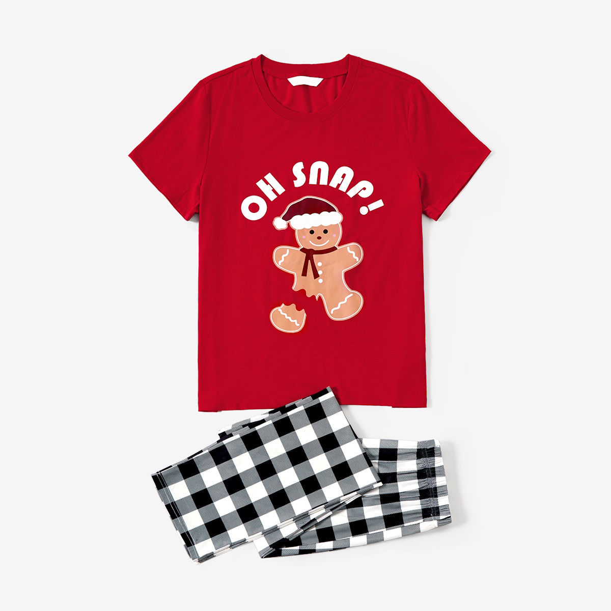 Oh Snap Gingerbread Short Sleeve Christmas Pajama Red Top Plaid Bottom Pajymas - ChildAngle