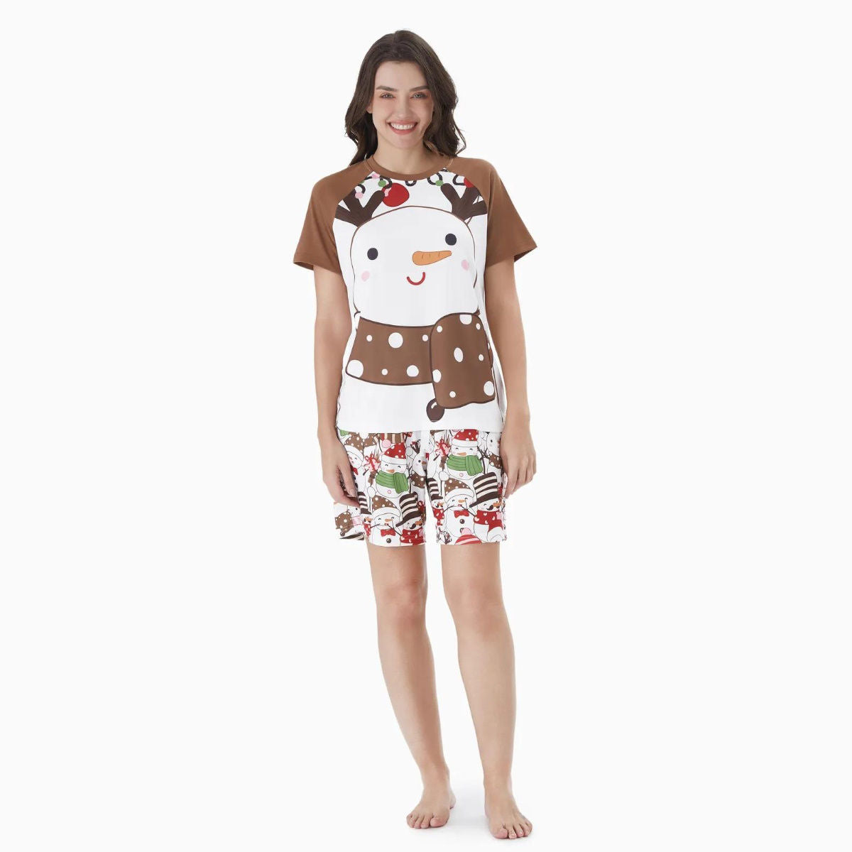 Snowman Reindeer Scarf Short Sleeve Christmas Pajamas Set - ChildAngle