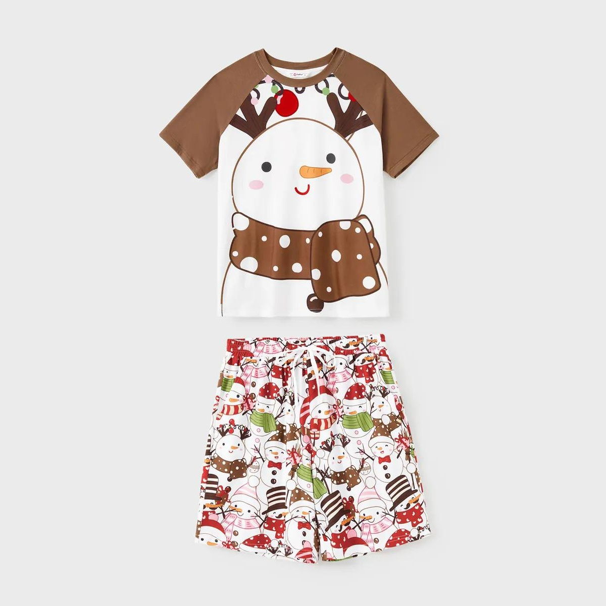 Snowman Reindeer Scarf Short Sleeve Christmas Pajamas Set - ChildAngle