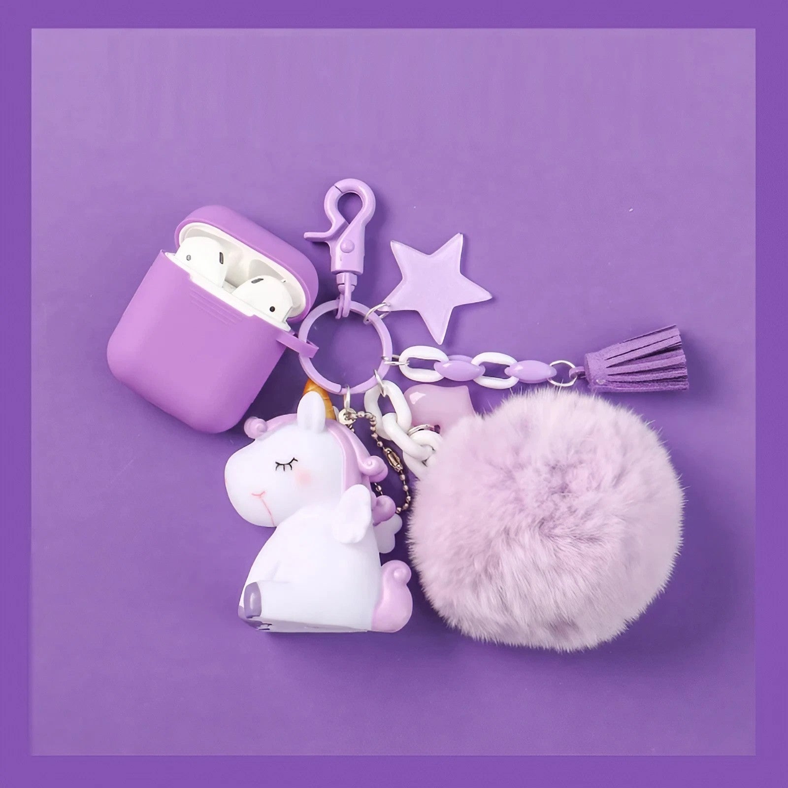 Solid Color AirPods Case with Unicorn Pendant and Pompon - ChildAngle