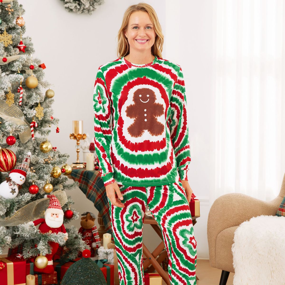 Green and Red Tie Dye Gingerbread Family Pajamas - ChildAngle