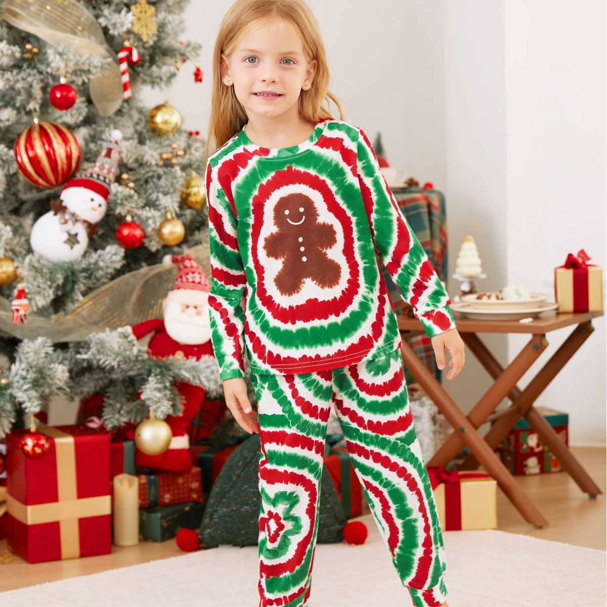 Green and Red Tie Dye Gingerbread Family Pajamas - ChildAngle