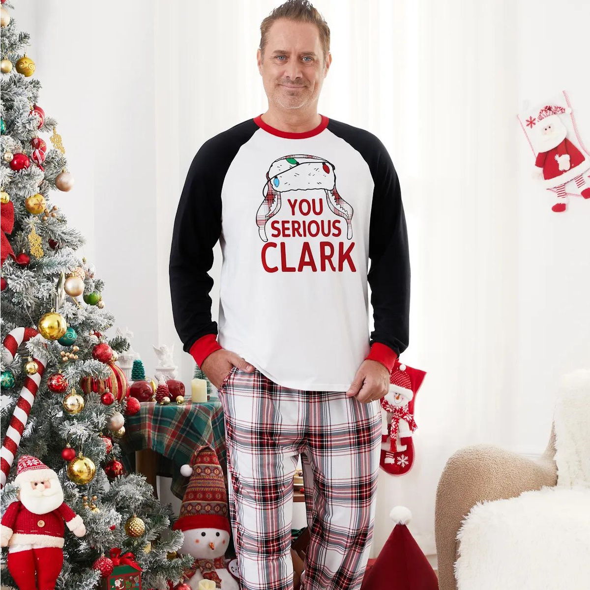 You Serious Clark Family Christmas Pajamas Raglan Sleeve Long Sleeve Plaid Pants with Drawstring and Pockets - ChildAngle