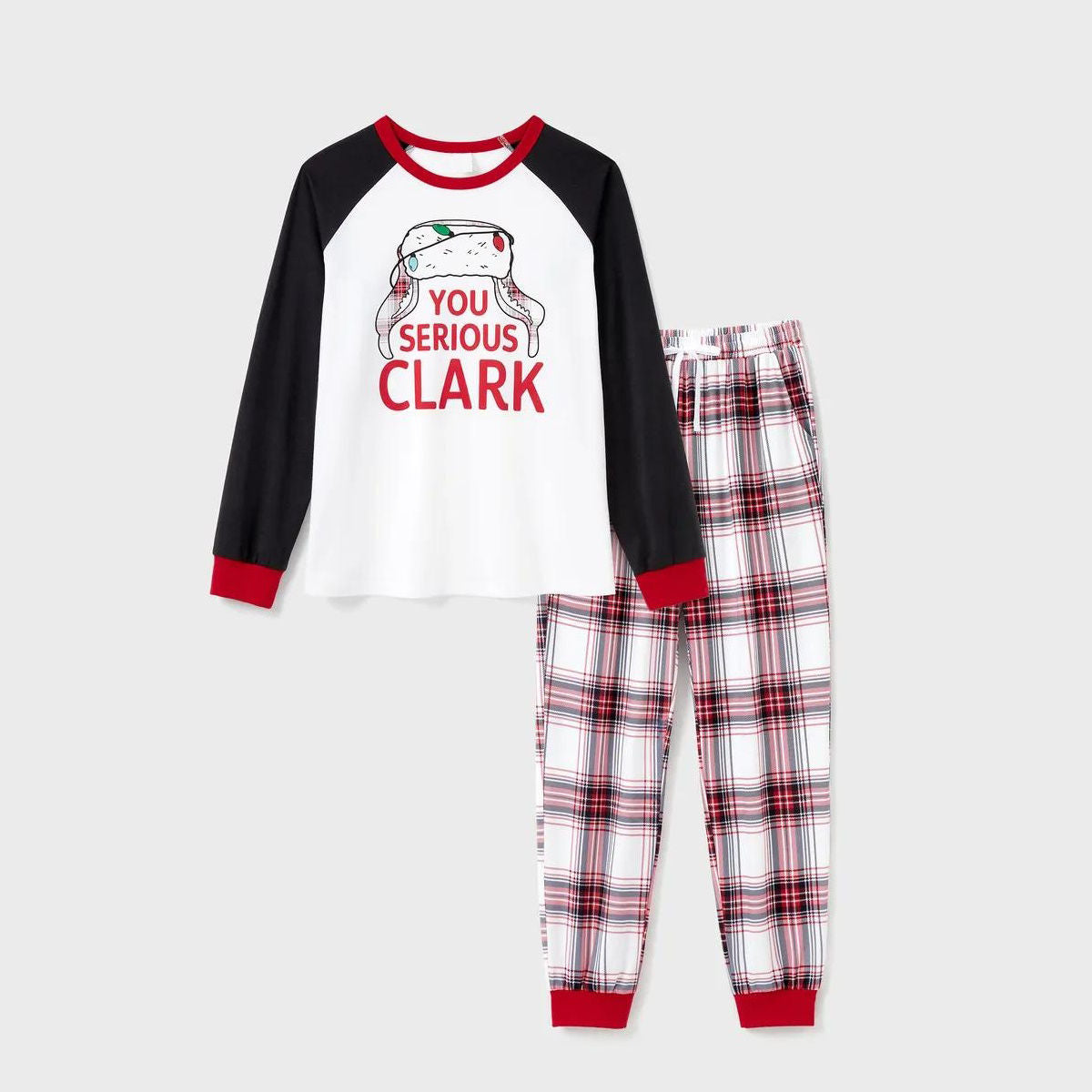 You Serious Clark Family Christmas Pajamas Raglan Sleeve Long Sleeve Plaid Pants with Drawstring and Pockets - ChildAngle