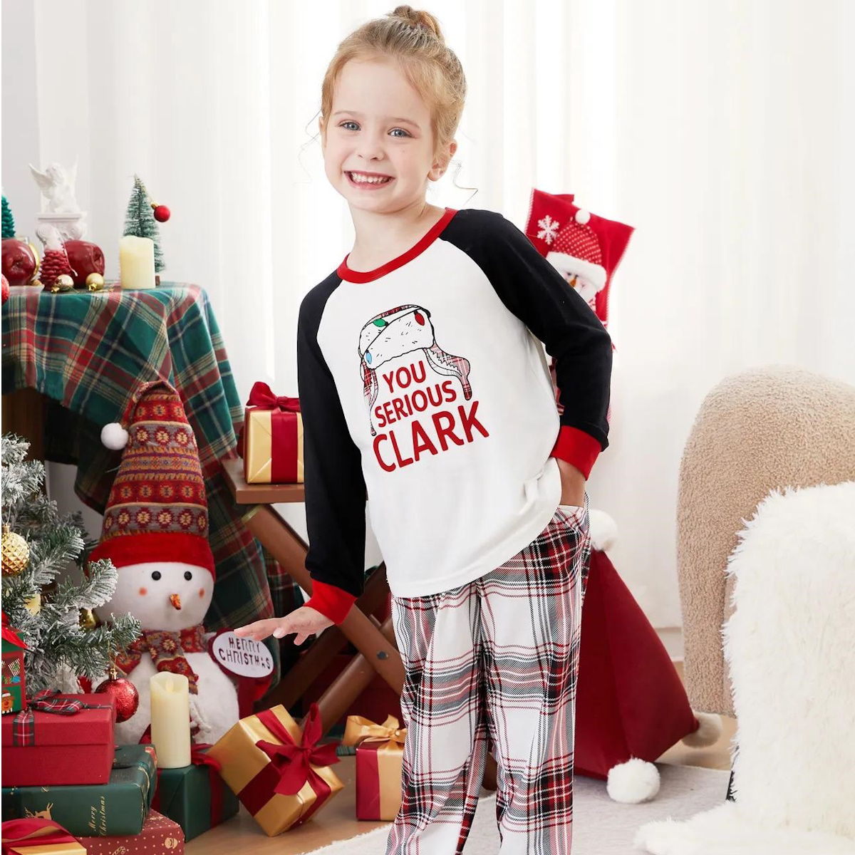 You Serious Clark Family Christmas Pajamas Raglan Sleeve Long Sleeve Plaid Pants with Drawstring and Pockets - ChildAngle