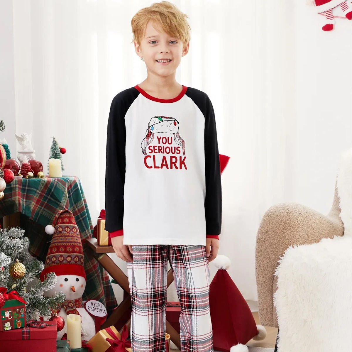 You Serious Clark Family Christmas Pajamas Raglan Sleeve Long Sleeve Plaid Pants with Drawstring and Pockets - ChildAngle