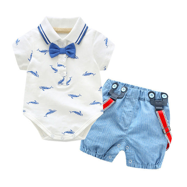 2 PCS Baby Boy Graphic Bowtie Romper Suspender Outfit for Boys - ChildAngle