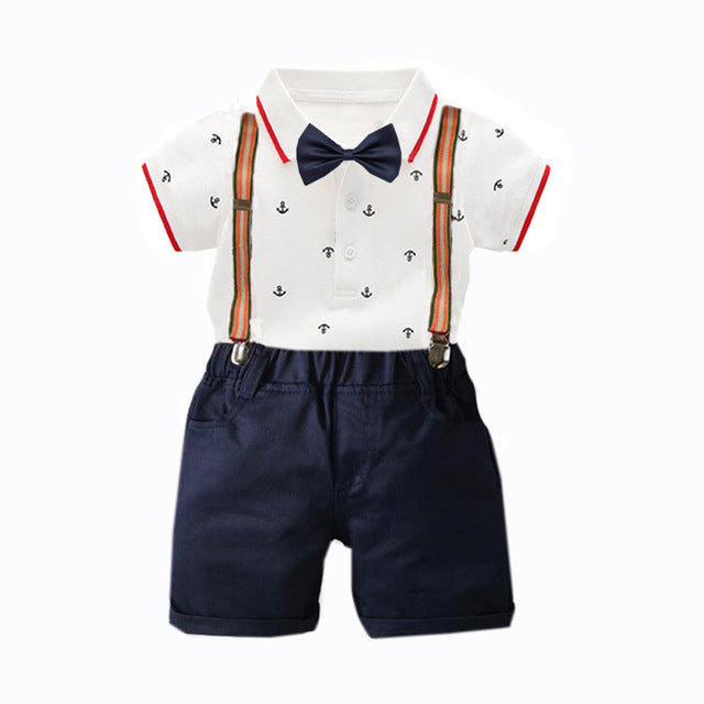 2 PCS Baby Boy Graphic Bowtie Romper Suspender Outfit for Boys - ChildAngle