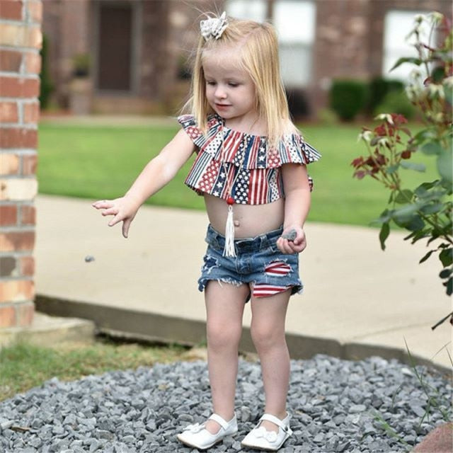 2 PCS Baby Girls 4th of July American Patriotic Outfit Halter Top Denim Shorts - ChildAngle