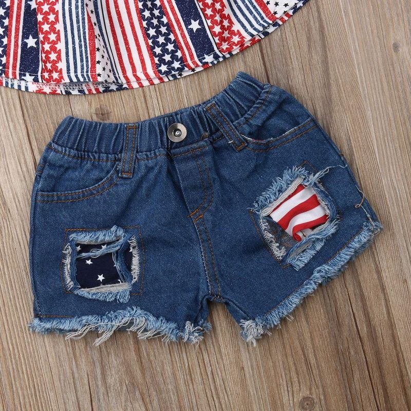 2 PCS Baby Girls 4th of July American Patriotic Outfit Halter Top Denim Shorts - ChildAngle