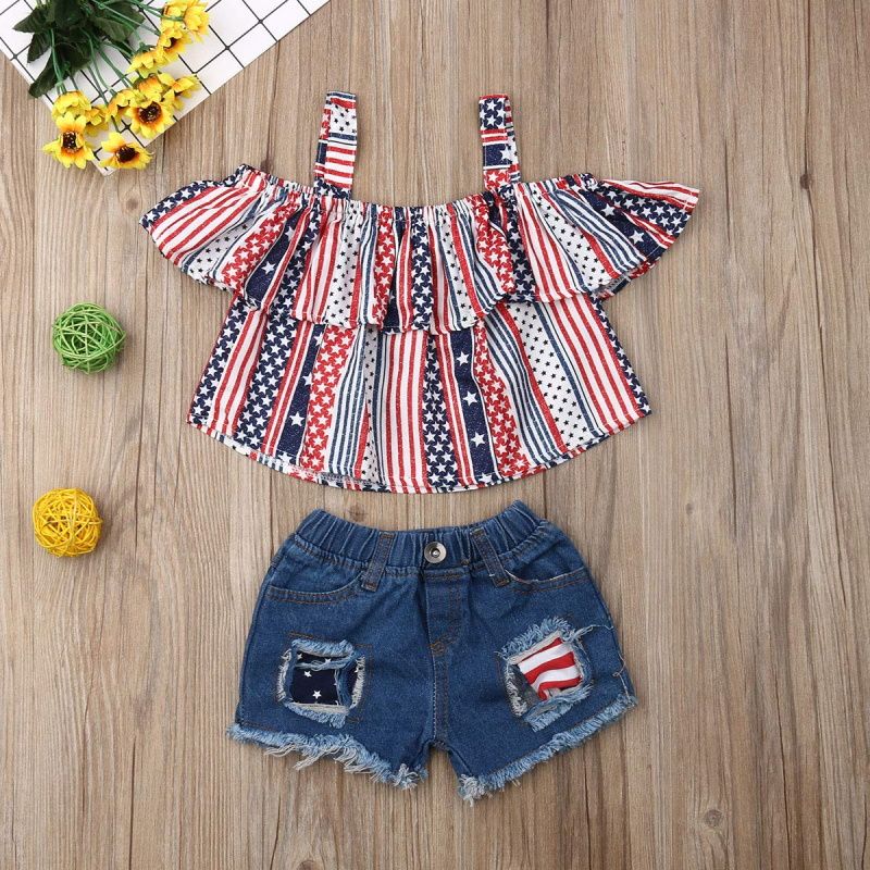 2 PCS Baby Girls 4th of July American Patriotic Outfit Halter Top Denim Shorts - ChildAngle