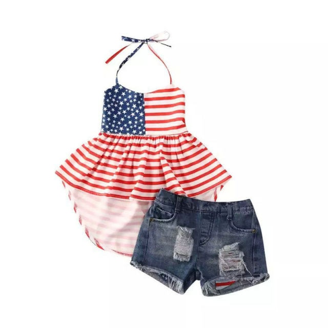 2 PCS Baby Girls Outfit Halter Tops Denim Shorts July 4th Clothes - ChildAngle