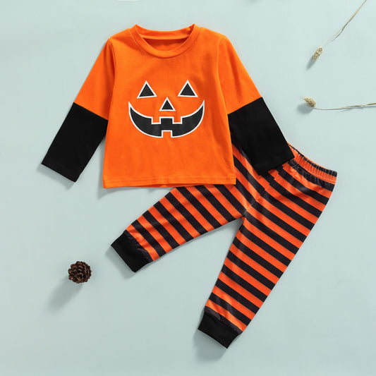 2 PCS Infant Halloween Outfits Baby Pumpkin Print Outfits - ChildAngle