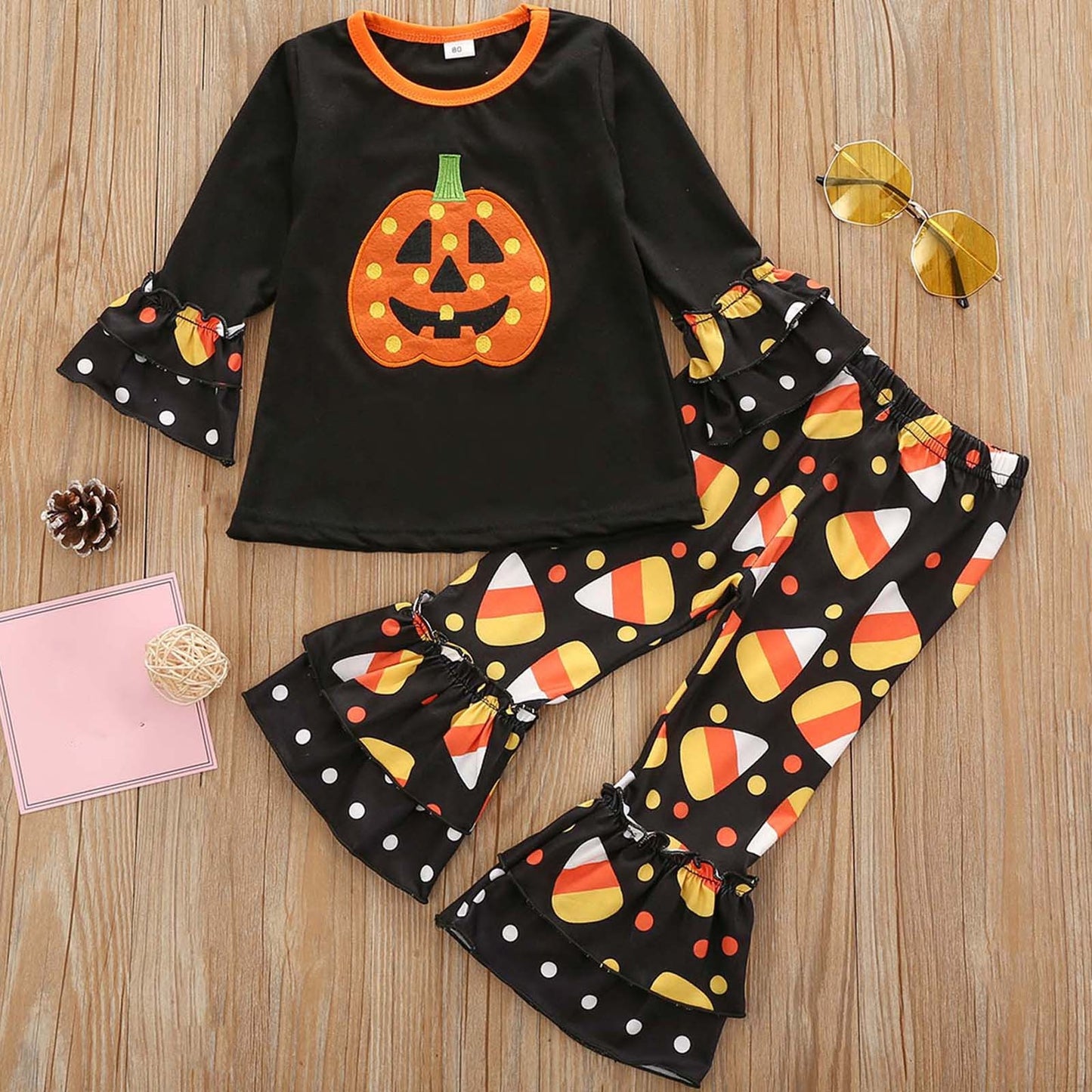 2 Pieces Toddler Girls Pumpkin Halloween Print Long Sleeve Top with Pants Set - ChildAngle