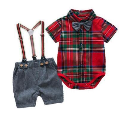 2PCS Baby Boy Plaid Bowtie Romper Suspender Outfit for Newborn - ChildAngle