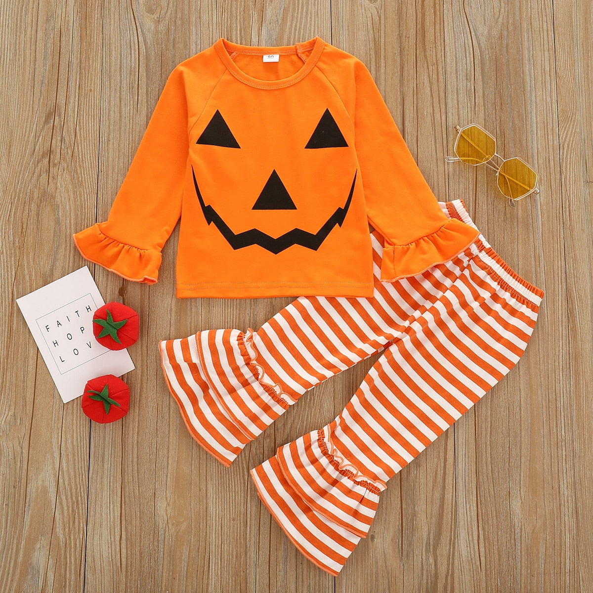 2PCS Baby Girl Halloween Outfits Pumpkin Face Bell Sleeve Set - ChildAngle
