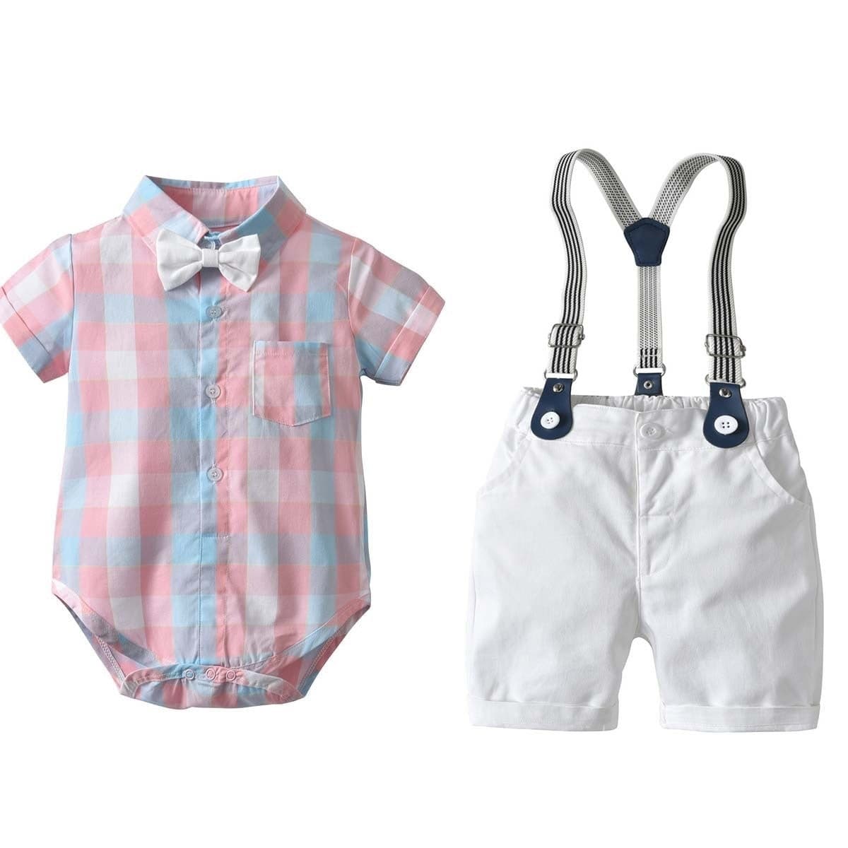 2PCS Baby Plaid Short Sleeves Romper Suspender Set for Toddler Boys - ChildAngle