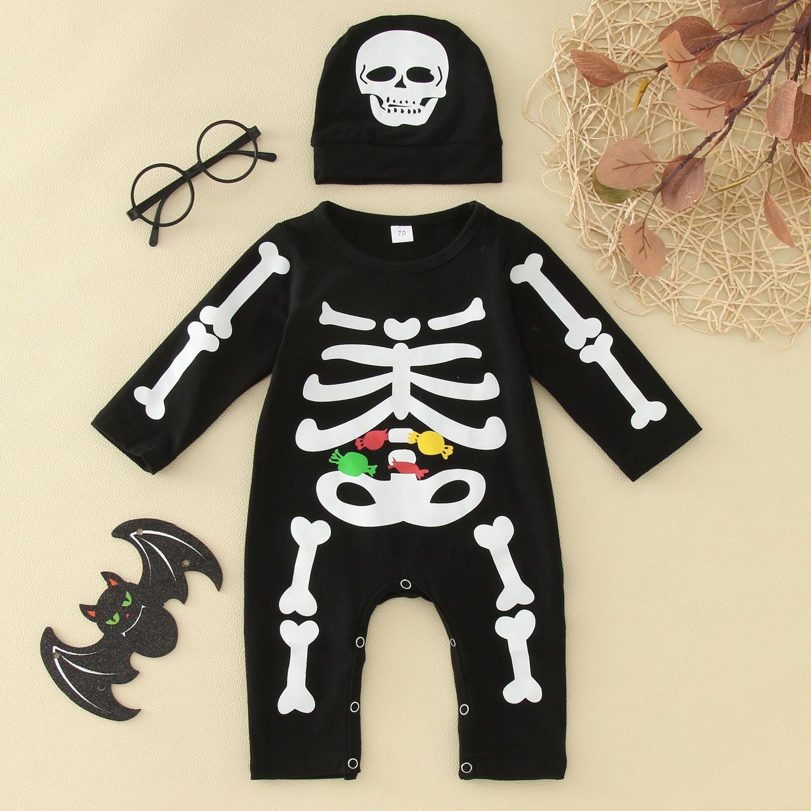 2PCS Halloween Baby Boy Long Sleeve Skeleton Print Jumpsuit with Hat - ChildAngle
