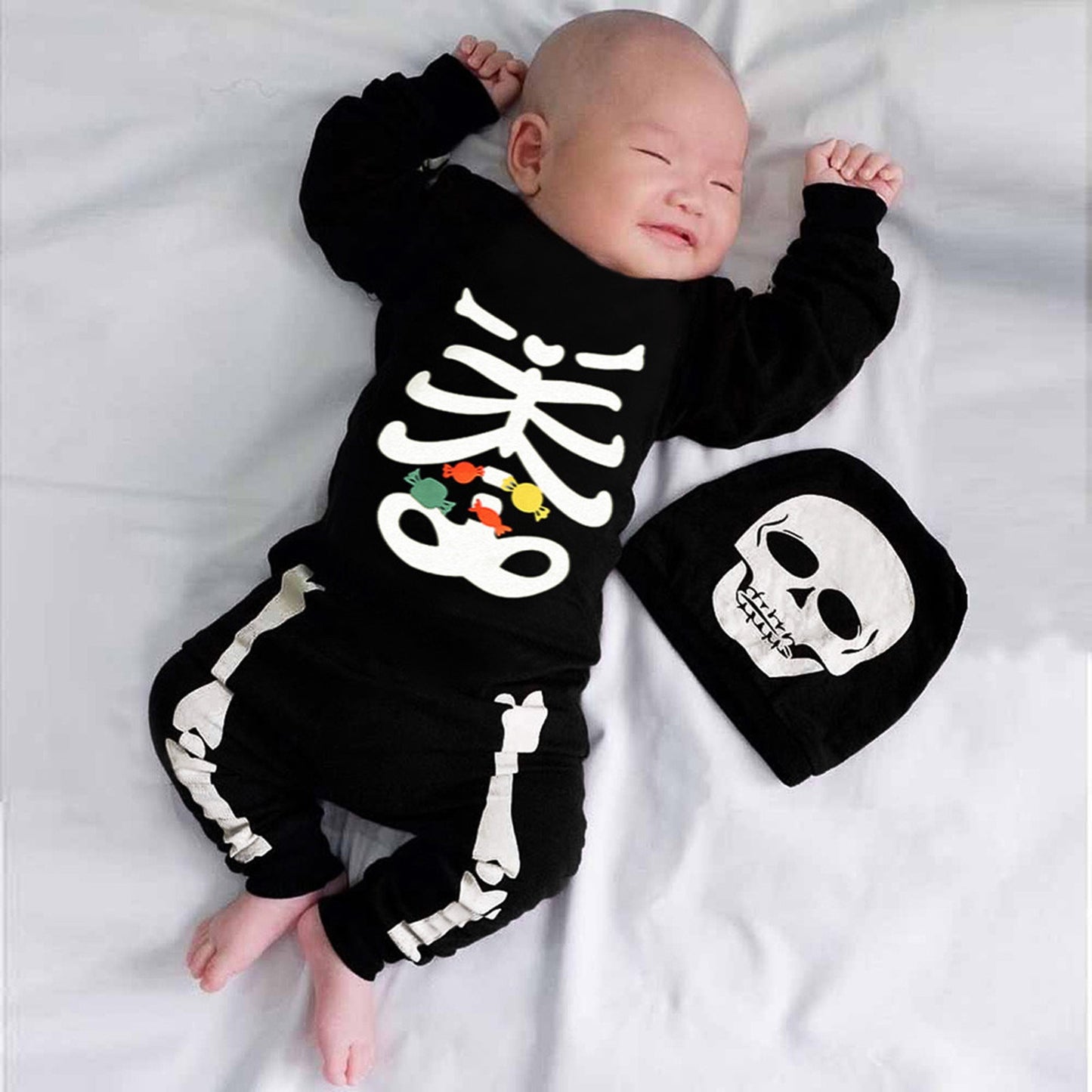 2PCS Halloween Baby Boy Long Sleeve Skeleton Print Jumpsuit with Hat - ChildAngle