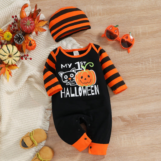 2PCS Halloween Baby Outfits Black and Orange Striped Jumpsuit Long-sleeve with Hat - ChildAngle