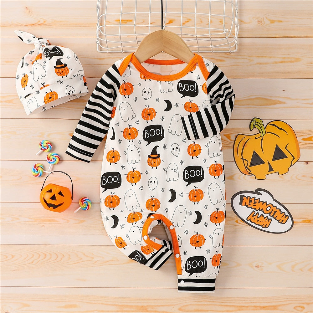 2PCS My First Halloween Striped Baby Pumpkin Ghost Baby Jumpsuit Toddler Infant Baby Halloween Outfits - ChildAngle