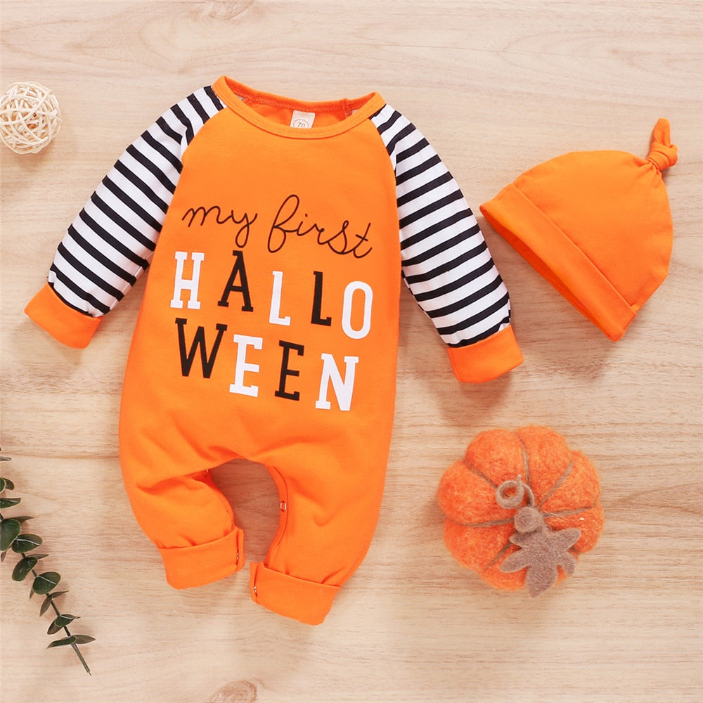 2PCS My First Halloween Striped Baby Pumpkin Ghost Baby Jumpsuit Toddler Infant Baby Halloween Outfits - ChildAngle